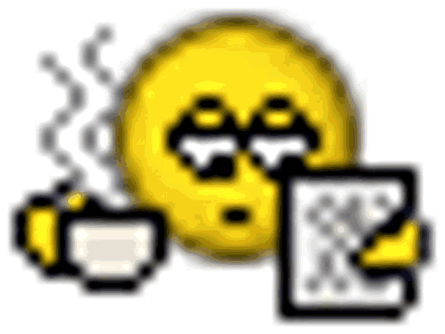 a smiley face with a cup of coffee and a piece of paper