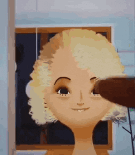 a cartoon girl with blonde curly hair is getting her hair blow dried by a person .