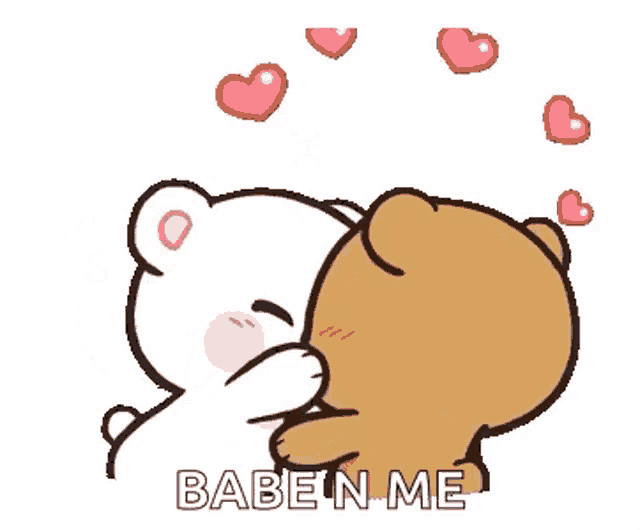 a couple of teddy bears hugging each other with hearts around them and the words babe in me .