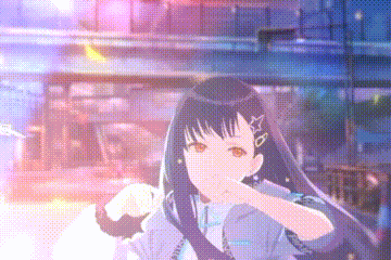 a girl with long black hair and red eyes is standing in front of a building and looking at the camera .