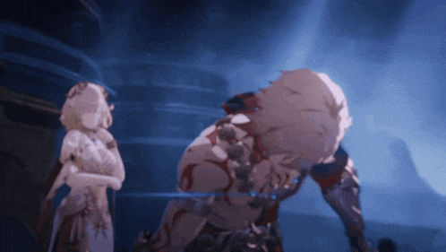 a video game character standing next to a woman