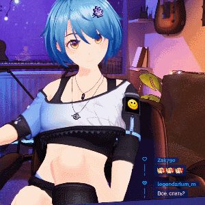 a girl with blue hair is sitting in a chair with a smiley face on her arm