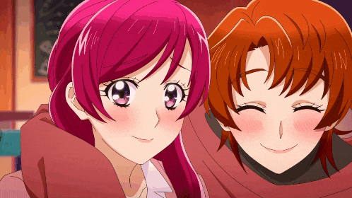 two anime girls with pink hair are posing for a picture together