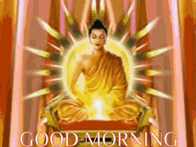 a painting of a buddha with the words " good morning " on the bottom