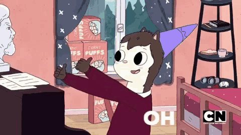 a cartoon character is giving a thumbs up in front of a box of corny puffs