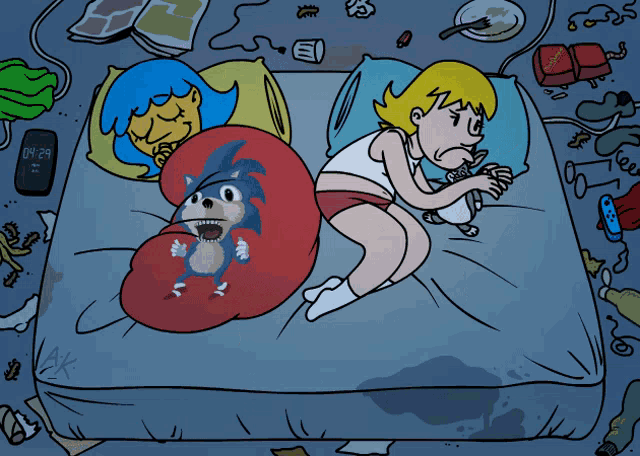 a cartoon drawing of a person laying on a bed with a sonic the hedgehog on their pillow
