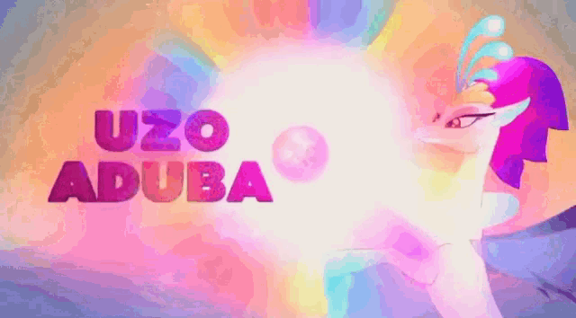 a cartoon illustration of a unicorn with the words uzo aduba in the background