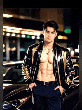 a shirtless man in a black and gold jacket stands in front of a black car
