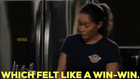 a woman wearing a seattle fire department shirt says which felt like a win-win .