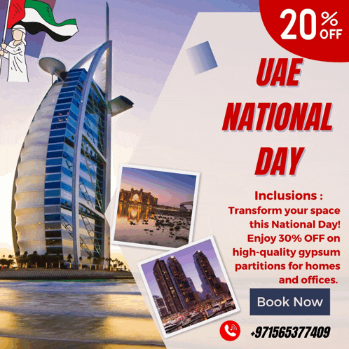 an advertisement for uae national day shows a large building