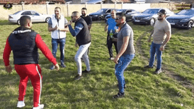 a group of men are standing in a grassy field dancing .