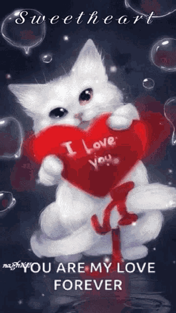 a white cat is holding a red heart that says `` i love you '' surrounded by bubbles .