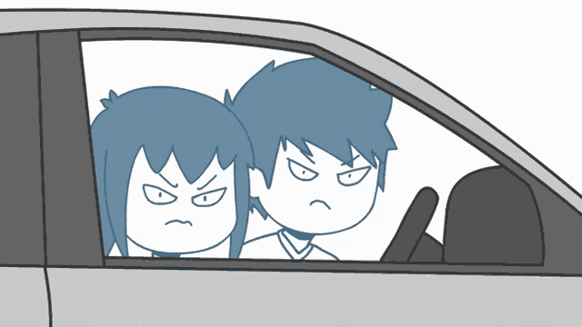 a boy and a girl are sitting in a car with angry faces on their faces