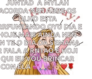 a cartoon of rapunzel with her arms in the air and a quote .
