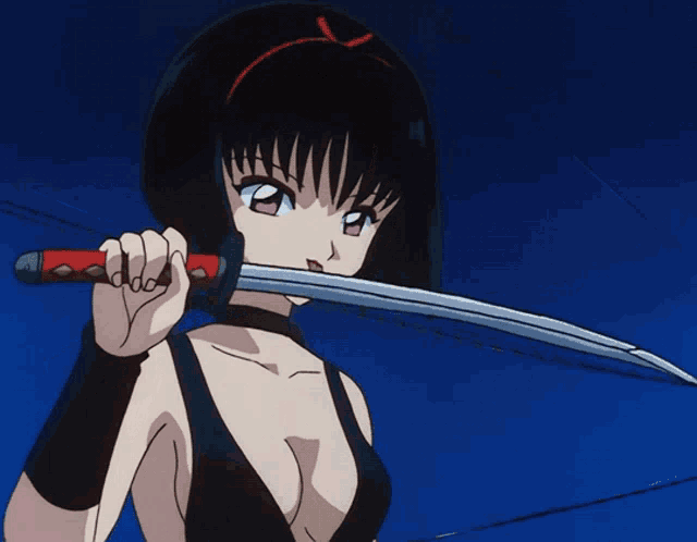 a girl with black hair is holding a sword in her hand