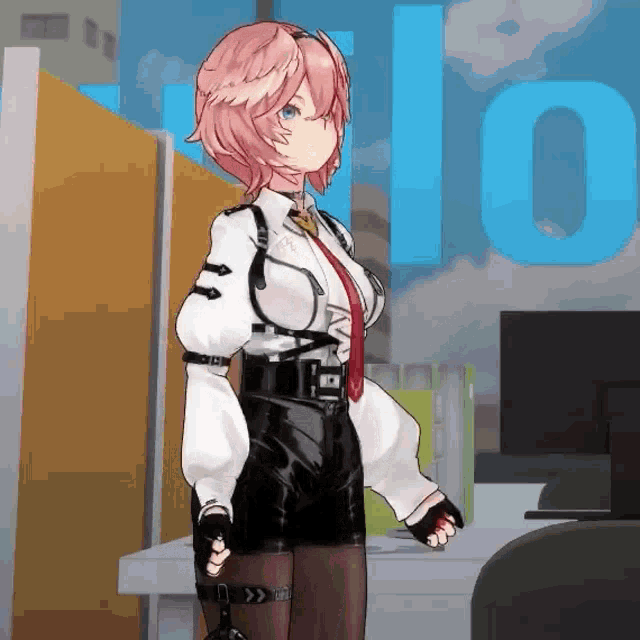 a girl in a white shirt and black shorts is standing in front of a sign that says ' rio '