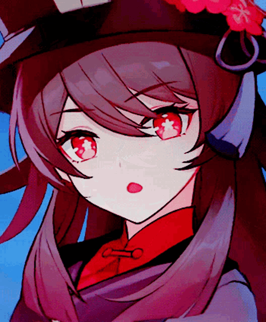 a close up of a anime girl with red eyes