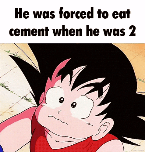 a cartoon of a boy with the words he was forced to eat cement when he was 2