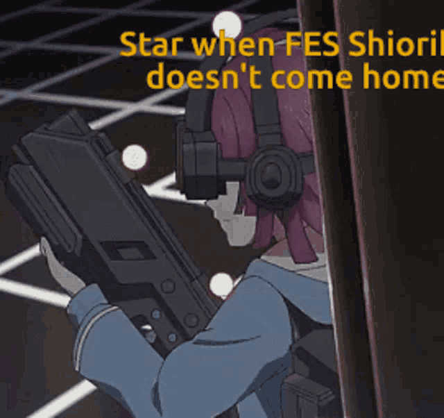 a girl wearing headphones and holding a gun with the words star when fes shiori does n't come home