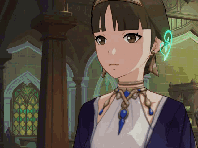 a cartoon character with a heart shaped earring is wearing a blue necklace