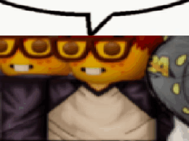 a group of cartoon characters are standing next to each other with a speech bubble above their heads .