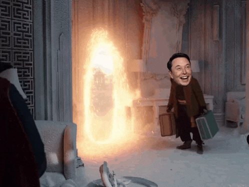 elon musk is standing in front of a glowing doorway