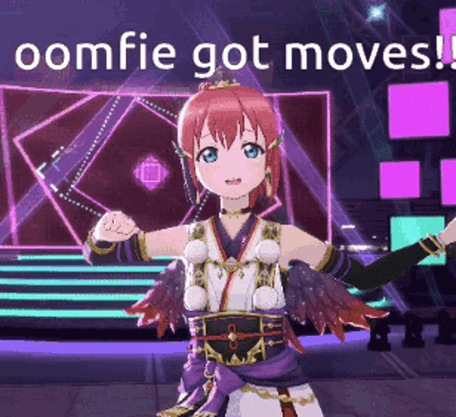 a picture of a girl with the words " oomfie got moves " on the bottom