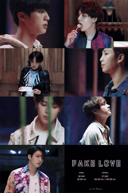a poster for fake love shows a collage of pictures