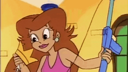 a cartoon woman is holding a mop and a gun in her hand .