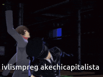 two anime characters dancing with the words ivlismpreg akechicapitalista written below them