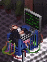 a pixel art of a man sitting in front of a computer monitor