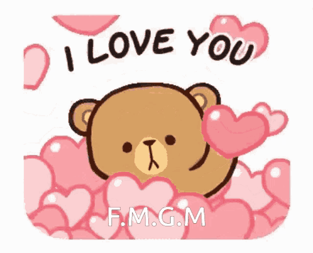 a teddy bear is surrounded by pink hearts and says `` i love you `` .