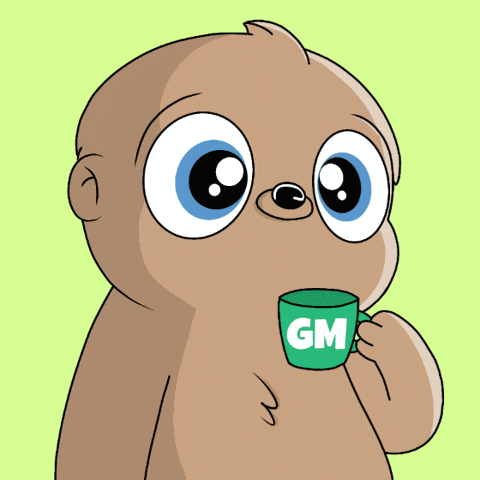 a cartoon monkey is drinking from a green cup with the letter gm on it