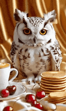 a white owl sits on a table next to a cup of coffee and pancakes