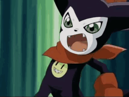 a black and white cartoon character with a smiley face on his chest is standing in front of a green background .