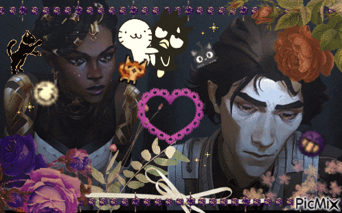 a man and a woman are surrounded by flowers and a heart with the word picmix on the bottom
