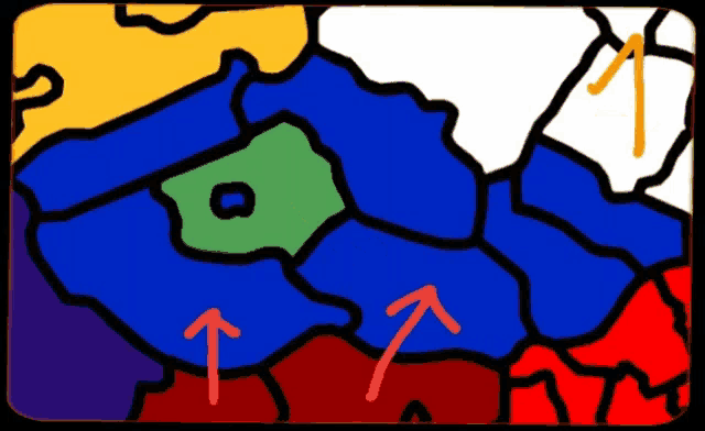 a drawing of a map with red arrows pointing upwards