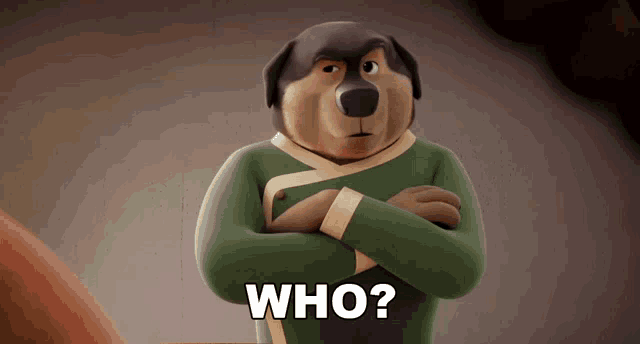 a cartoon dog with his arms crossed and the question " who " written below him
