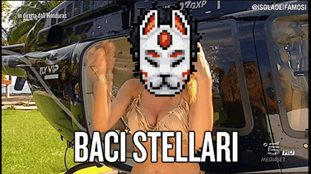 a woman in a bikini stands in front of a helicopter with the words baci stellari written on the bottom