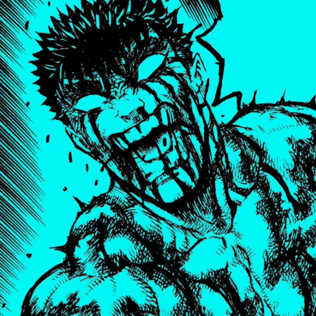 a black and white drawing of a man with a blue background