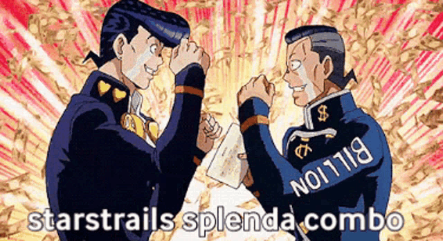 a cartoon of two men shaking hands with the words starstrails splenda combo below them