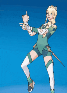 a cartoon of a woman in a green and white outfit pointing at something