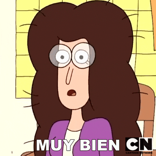 a cartoon of a woman with glasses and the words muy bien cn