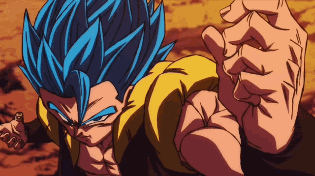 a cartoon character with blue hair and yellow jacket