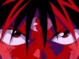 a close up of a person 's face with red hair and purple eyes