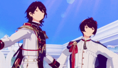 two anime characters are standing next to each other