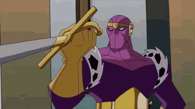 a cartoon character in a purple and gold outfit holds a sword