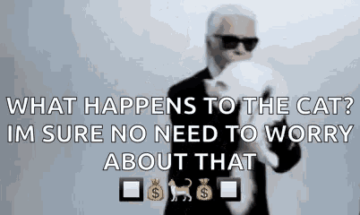 a man in a suit is holding a white cat and says what happens to the cat im sure no need to worry about that .