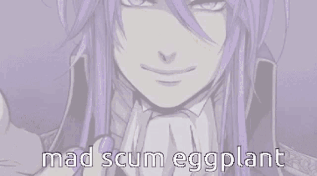 a purple haired anime character with the words mad scum eggplant written below him