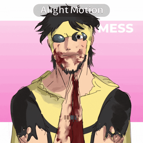 a drawing of a man with blood on his face and the words " alight motion mess " above him